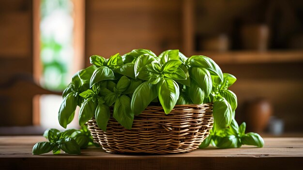 Organic basil plant in the basket