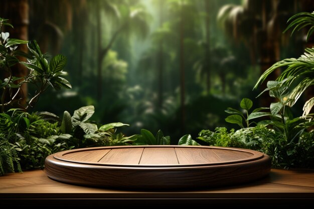 Photo organic beauty concept 3d oak wood table with tropical leaves backdrop