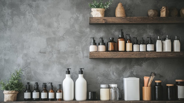 organic beauty products on wooden shelves