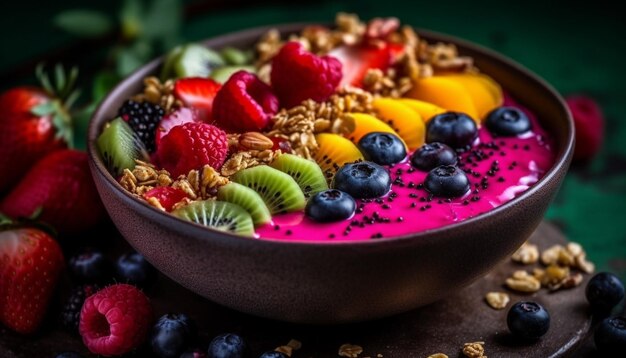 Organic berry bowl blueberry raspberry and strawberry with granola parfait generated by AI