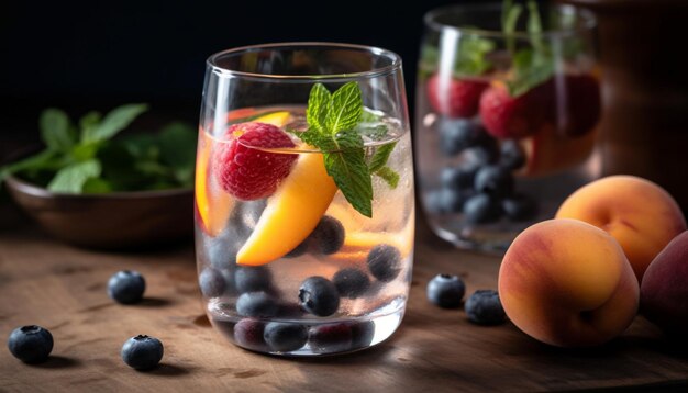 Organic berry cocktail on rustic wood table with fresh mint generated by AI