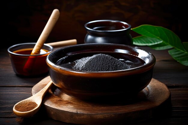 Органическая черная тростниковая сахарная меласа в коричневой чаше на темном фоне идеально подходит для приготовления пищи