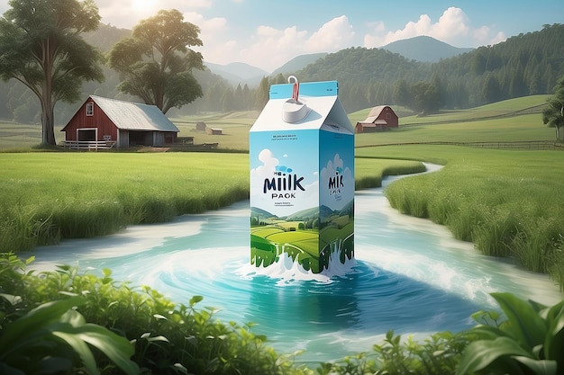 Реклама органического молока в бутылках с брызгающей жидкостью на лугах в 3D-иллюстрации