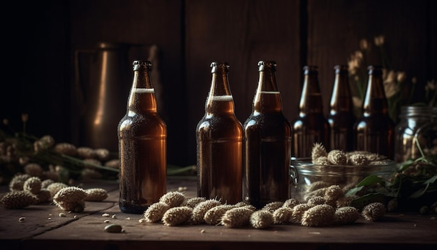 Foto una birreria biologica celebra l'alimentazione sana con varianti fresche di erbe rustiche generate dall'intelligenza artificiale