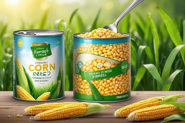 Organic canned corn ads with a spoon of maize kernels and tin can on bokeh field background in 3d illustration