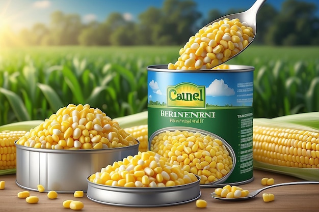 Organic canned corn ads with a spoon of maize kernels and tin can on bokeh field background in 3d illustration