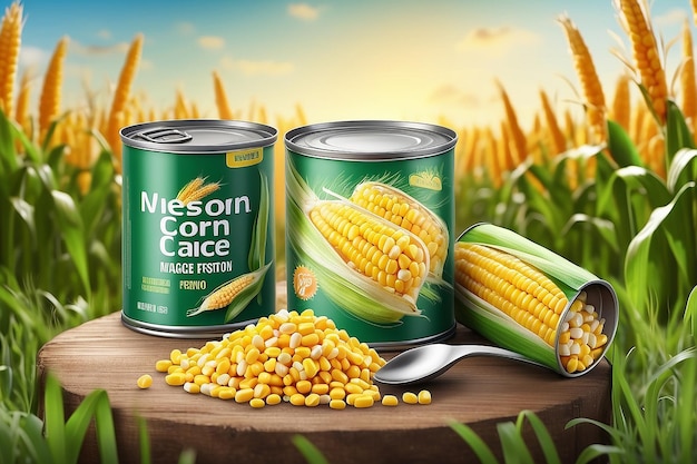 Реклама органической кукурузной консервы с ложкой кукурузы и консервной банку на фоне поля боке в 3D-иллюстрации
