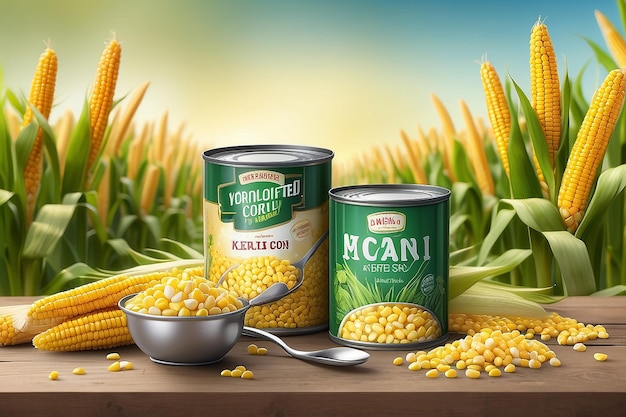 Реклама органической кукурузной консервы с ложкой кукурузы и консервной банку на фоне поля боке в 3D-иллюстрации
