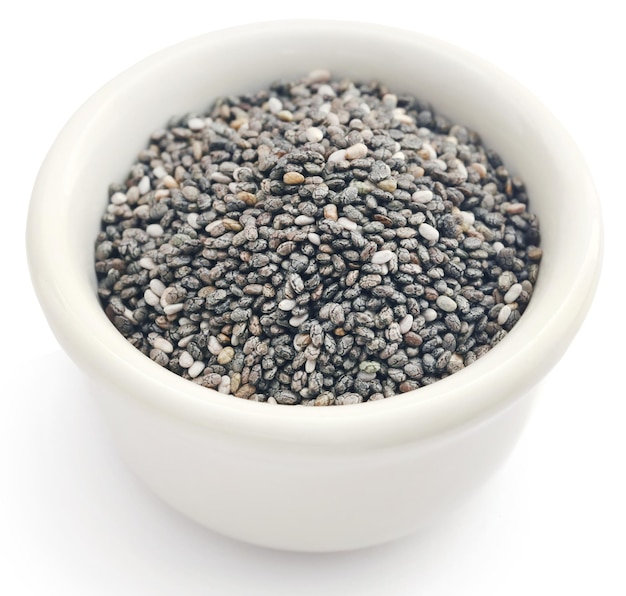 Organic Chia Seed, super food in a white ceramic bowl