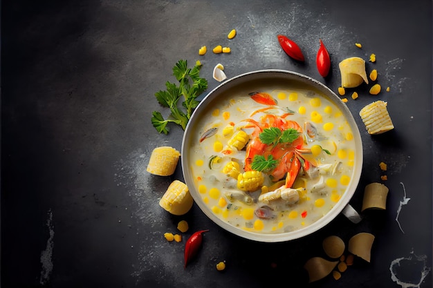 Organic Chowder Crab Soup with shrimps and corn on concrete