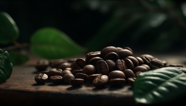 Photo organic coffee bean on wooden table backdrop generated by ai