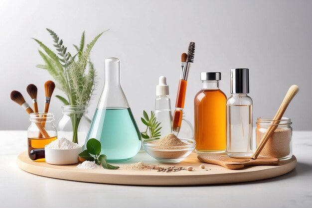 Photo organic cosmetic product natural ingredients and laboratory glassware on white table space for text