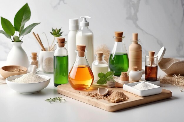 Photo organic cosmetic product natural ingredients and laboratory glassware on white table space for text