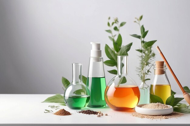 Photo organic cosmetic product natural ingredients and laboratory glassware on white table space for text