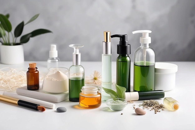 Photo organic cosmetic product natural ingredients and laboratory glassware on white table space for text