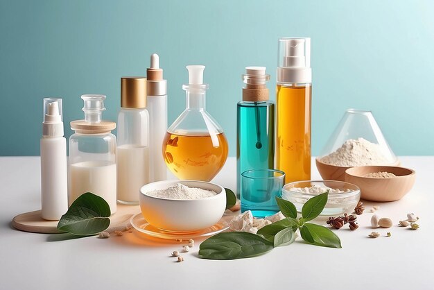 Photo organic cosmetic product natural ingredients and laboratory glassware on white table space for text