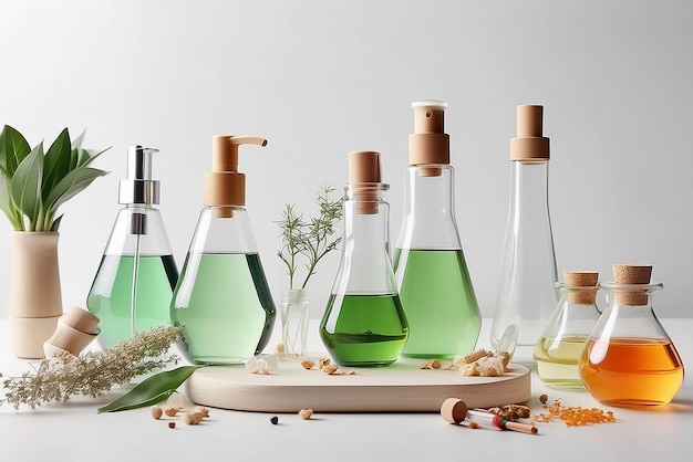 Photo organic cosmetic product natural ingredients and laboratory glassware on white table space for text