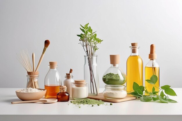 Organic cosmetic product natural ingredients and laboratory glassware on white table space for text