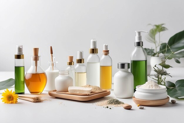 Photo organic cosmetic product natural ingredients and laboratory glassware on white table space for text