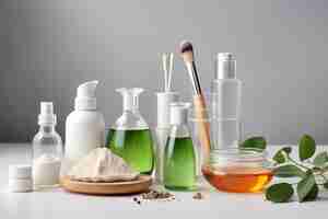 Photo organic cosmetic product natural ingredients and laboratory glassware on white table space for text