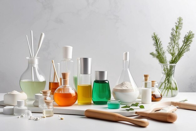 Photo organic cosmetic product natural ingredients and laboratory glassware on white table space for text