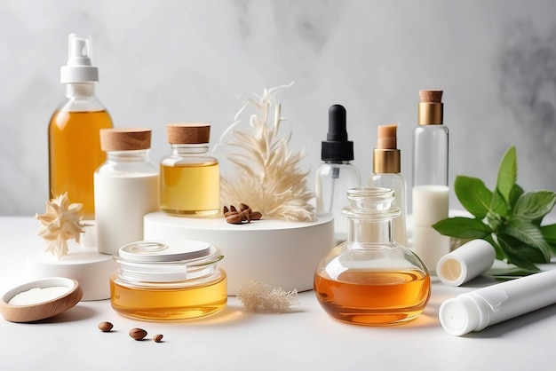 Photo organic cosmetic product natural ingredients and laboratory glassware on white table space for text