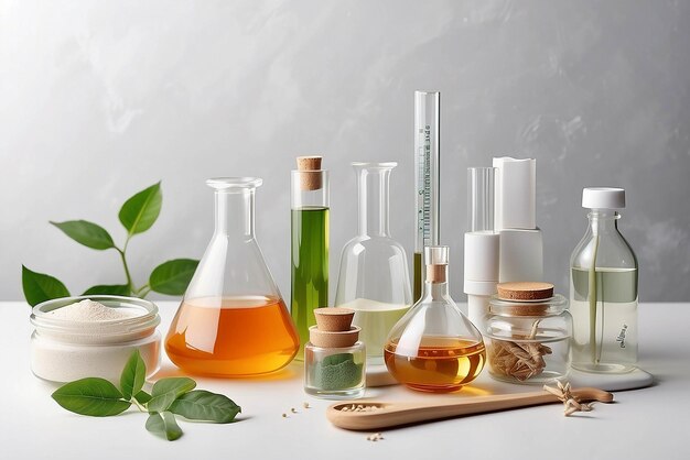 Photo organic cosmetic product natural ingredients and laboratory glassware on white table space for text