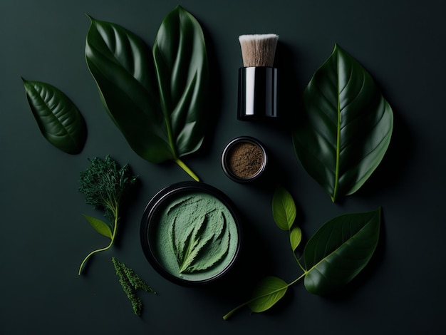 Organic cosmetics with green leaves on dark background Flat lay top view