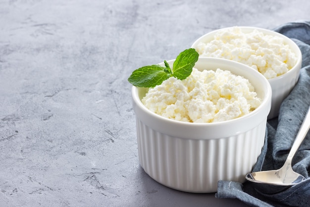 Foto ricotta organica in ciotola sul tovagliolo blu. sfondo grigio.