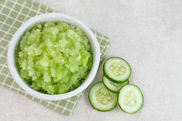 Organic cucumber pulp juice squeezed from a slow juicer can be used as a face mask zero waste