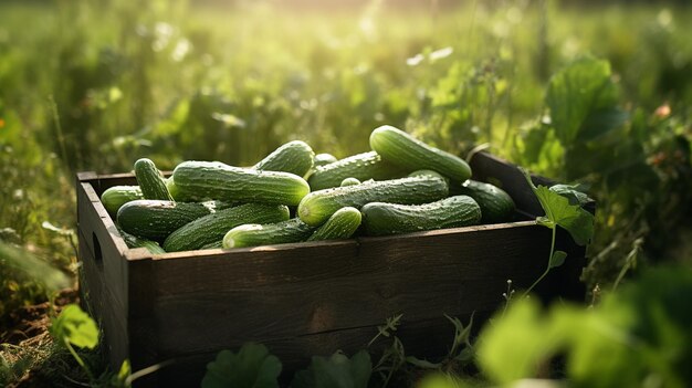 Organic cucumbers in a wooden box on the fieldGenerative AI