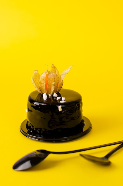 Organic Deep Dark Chocolate Cake decorated with physalis on yellow .