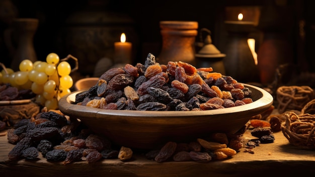 Photo organic dried grapes arranged in a rustic still life