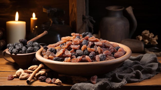 Organic dried grapes arranged in a rustic still life