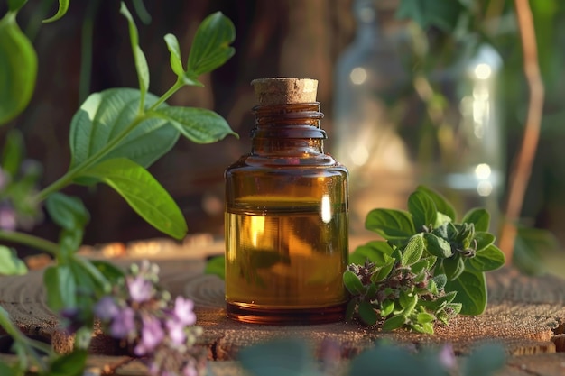 Organic essential aroma oil with herbs on aged wooden background Homeopathy Selective focus