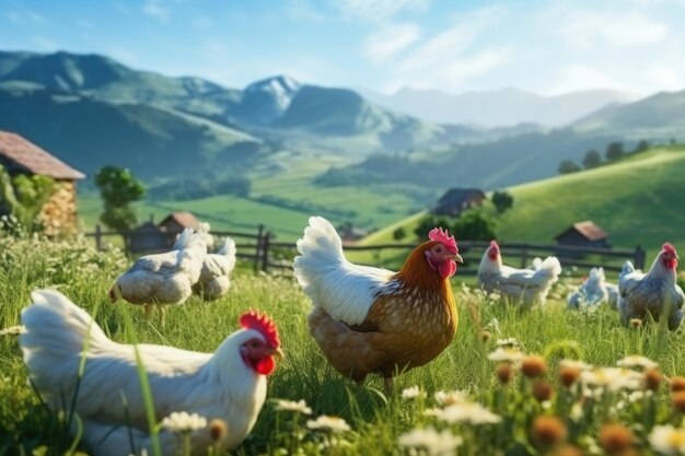 Organic farm hens graze freely on grass