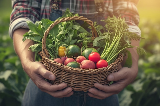 Organic farmer displays fresh vegetables against blurred farm backdrop