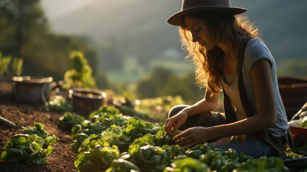 Organic farmer harvesting fresh vegetables on her farm