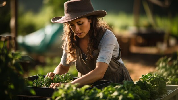 Photo organic farmer harvesting fresh vegetables on her farm