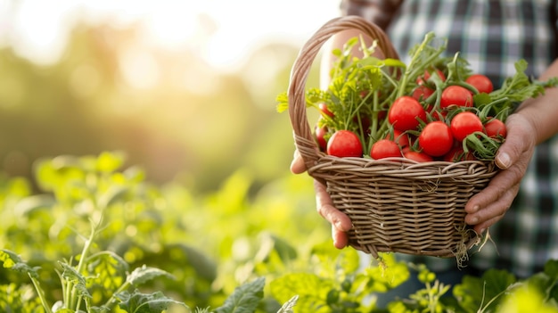 Organic farmer holding fresh vegetables in a basket with blurred farm background and copy space