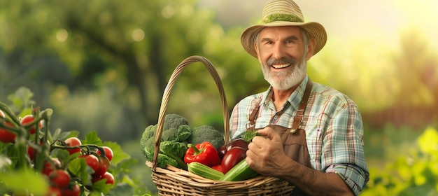 Organic farmer presenting basket of fresh vegetables on blurred farm background