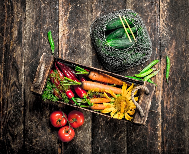 Cibo organico. raccolto fresco di verdure su un tavolo di legno.