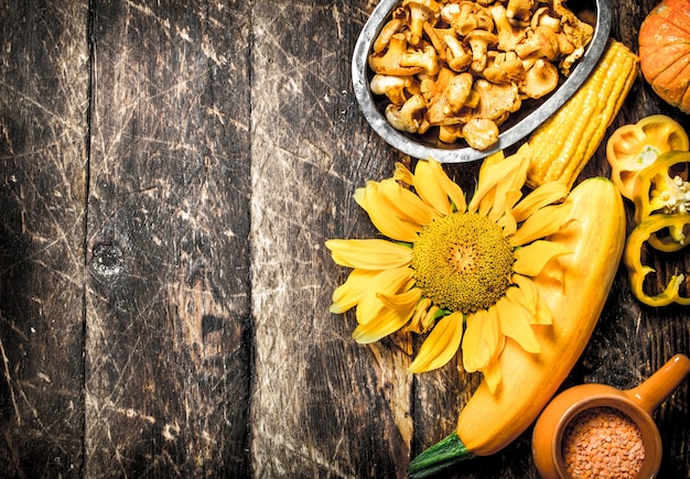 Organic food. Fresh mushrooms with vegetables.