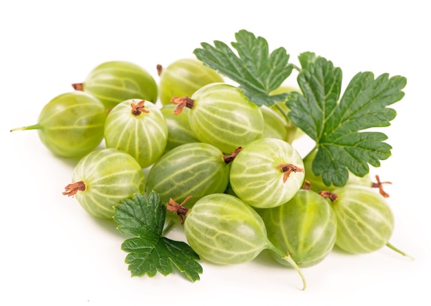 Organic food, healthy food, green gooseberry fruits with leaf on white