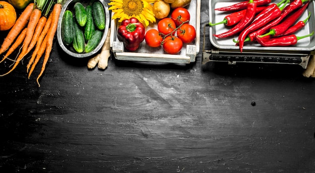 Organic food. Vegetables in a box and hot chili peppers on scales. On the black chalkboard.