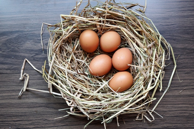 Organic fresh eggs in a brown nest on a wooden table