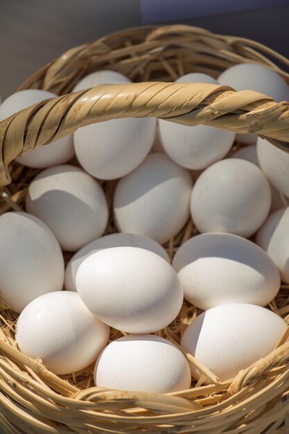 Organic fresh farm eggs in the basket