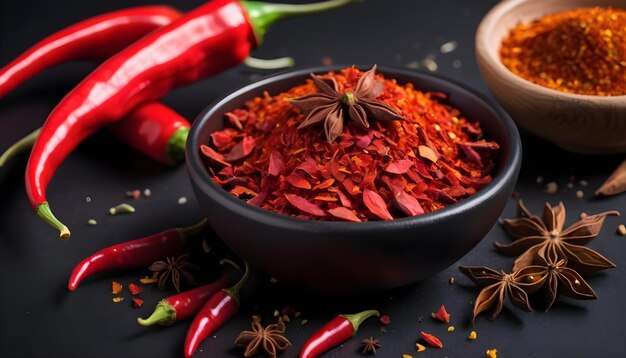 Organic fresh red chili flakes with spiceson black