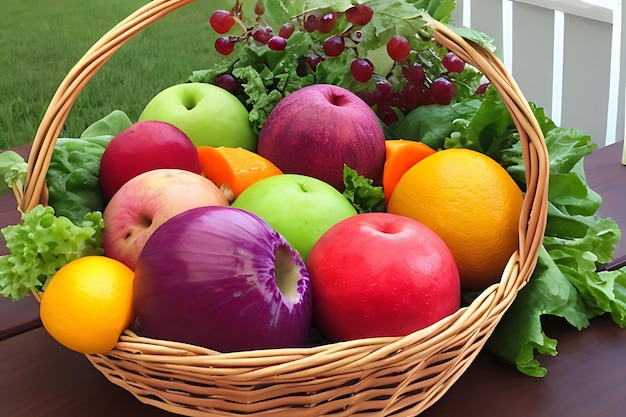 Корзина с органическими фруктами, здоровое питание, свежие разнообразные блюда, фитнес-ужин, созданный искусственным интеллектом