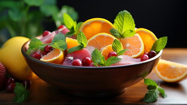 Organic fruit bowl with mint and citrus for refreshing